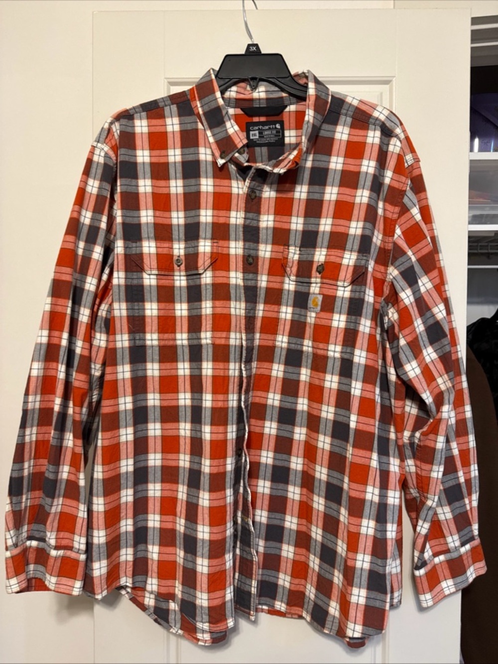 Carhartt Shirt Men’s XXL Loose Orange Rust/Blue Cotton Plaid Button Down